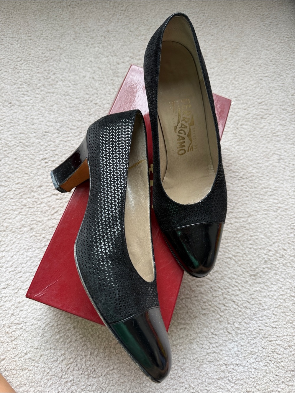 Salvatore Ferragamo Black Perforated Suede and Patent Cap-Toe Pumps